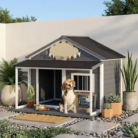 PawHut Hundehütte aus Holz Kleintierhaus Hundehaus mit Terrasse für draußen