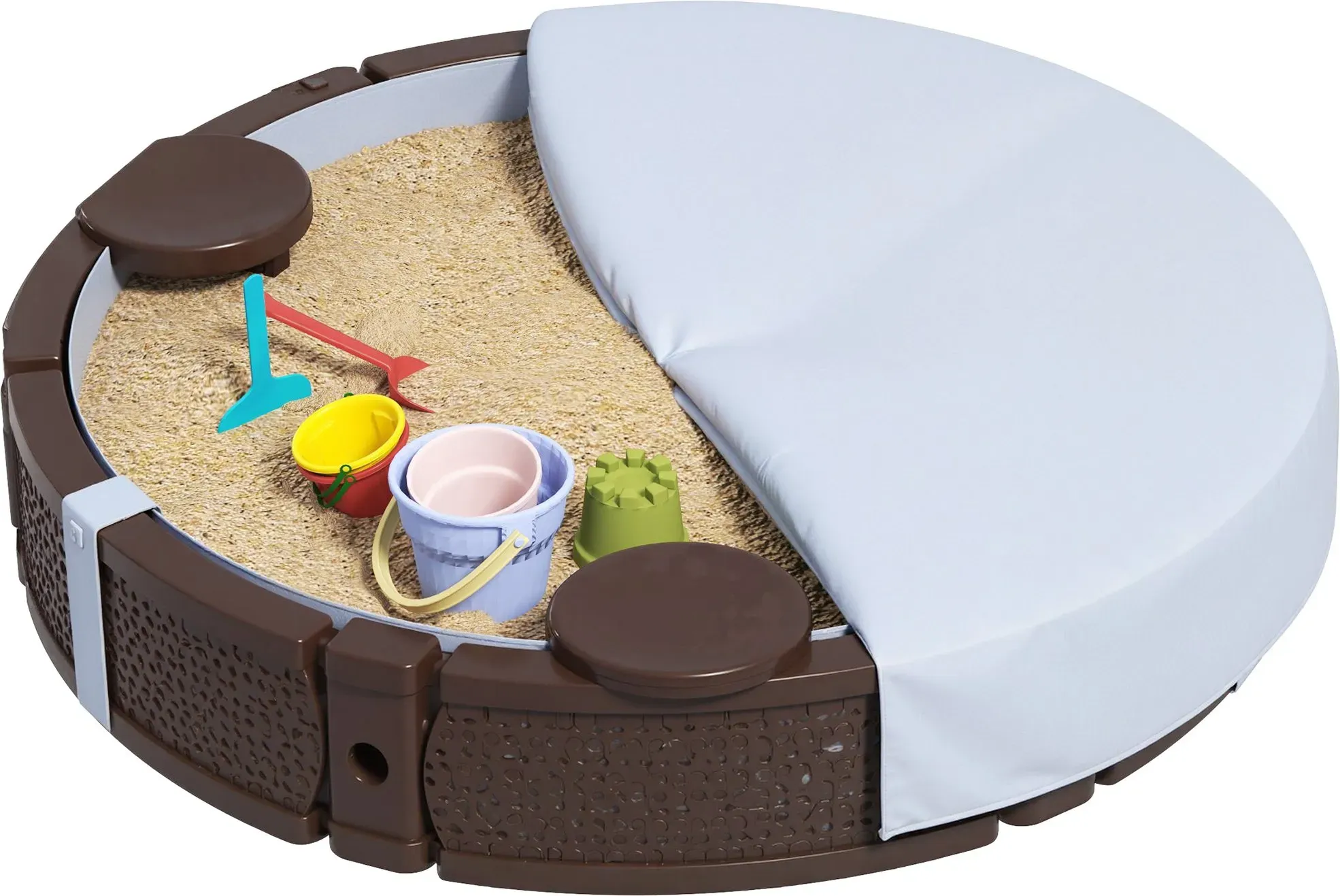 AIYAPLAY Sandkasten, Sandkiste Sandbox mit 3 Sitzen, wasserfeste Unterlage, wetterbeständige Schutzplane, für 1,5-5 Jahre Kinder Dunkelbraun   Aosom