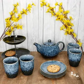 Mambocat 10tlg Teeset SCONES BLAU aus Steingut 1x Etagere, 1x Kanne, 4x Becher & 4x Teller - 24303276
