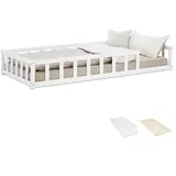 Homestyle4u Bodenbett Weiß Holz, 205x32x95 cm Kinder Matratze Kinderbett mit Rausfallschutz Lattenrost