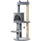 PawHut Katzenbaum 4-Stock Katzenhöhle mit Spielbällen Sitzstange Sisalsäule Kratzbrett Plüsch Grau