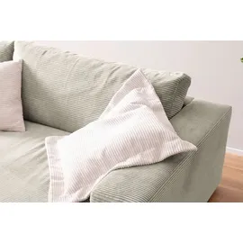 KAWOLA Big Sofa MADELINE mit Holztablett natur für Armlehne Cord steingrau