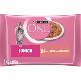 PURINA ONE Junior Katzenfutter nass, mit Lachs und Karotten, 12 x 4 Beutel à 85g
