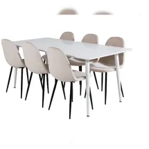 VCM Polar180X90WHWH Essgruppe Esstisch weiß und 6 Polar Esszimmerstühle Velour beige.