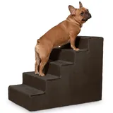 VELORA H&L Hundetreppe 5 Stufen Dunkelbraun - Stabile Holzkonstruktion mit Veloursbezug, rutschfeste Hundetreppe für Sofa und Bett, Haustiertreppe für Hunde und Katzen, Belastbar bis 80 kg