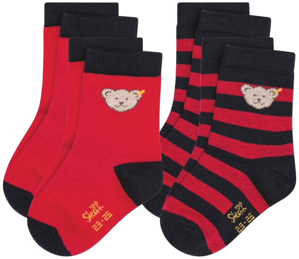 Steiff Kinder Unisex Socken, 4er Pack - Bio-Baumwolle, Teddy-Motiv, uni/gestreift Rot 27-30