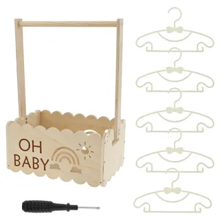 GWCYMYD Holz Baby Geschenk Korb mit Griff und 5 Kleiderbügel Holz Babyparty Schrank 34x22,8x17,5cm Babykorb Geschenk Holzkiste für Babyparty Geburtstag Weihnachten