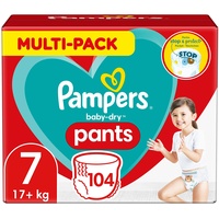 Pampers Windeln Pants Größe 7 (17kg+) Baby-Dry, Extra Large mit Stop- und Schutz Täschchen, MONATSBOX, 104 Höschenwindeln