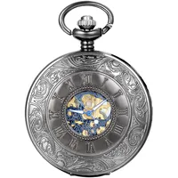 JewelryWe Retro Römische Ziffern Handaufzug mechanische Taschenuhr Skelett Uhr mit Halskette Kette Umhängeuhr Schwarz