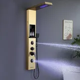 KINKIBOS Golden Duschpaneel mit Armatur und Ablage, 6 Funktionen LED Duschsäule Regen&Wasserfall Dusche, 2-Mode-Massagedüse, Handbrause und Wasserfall-Wanneneinlauf, Edelstahl