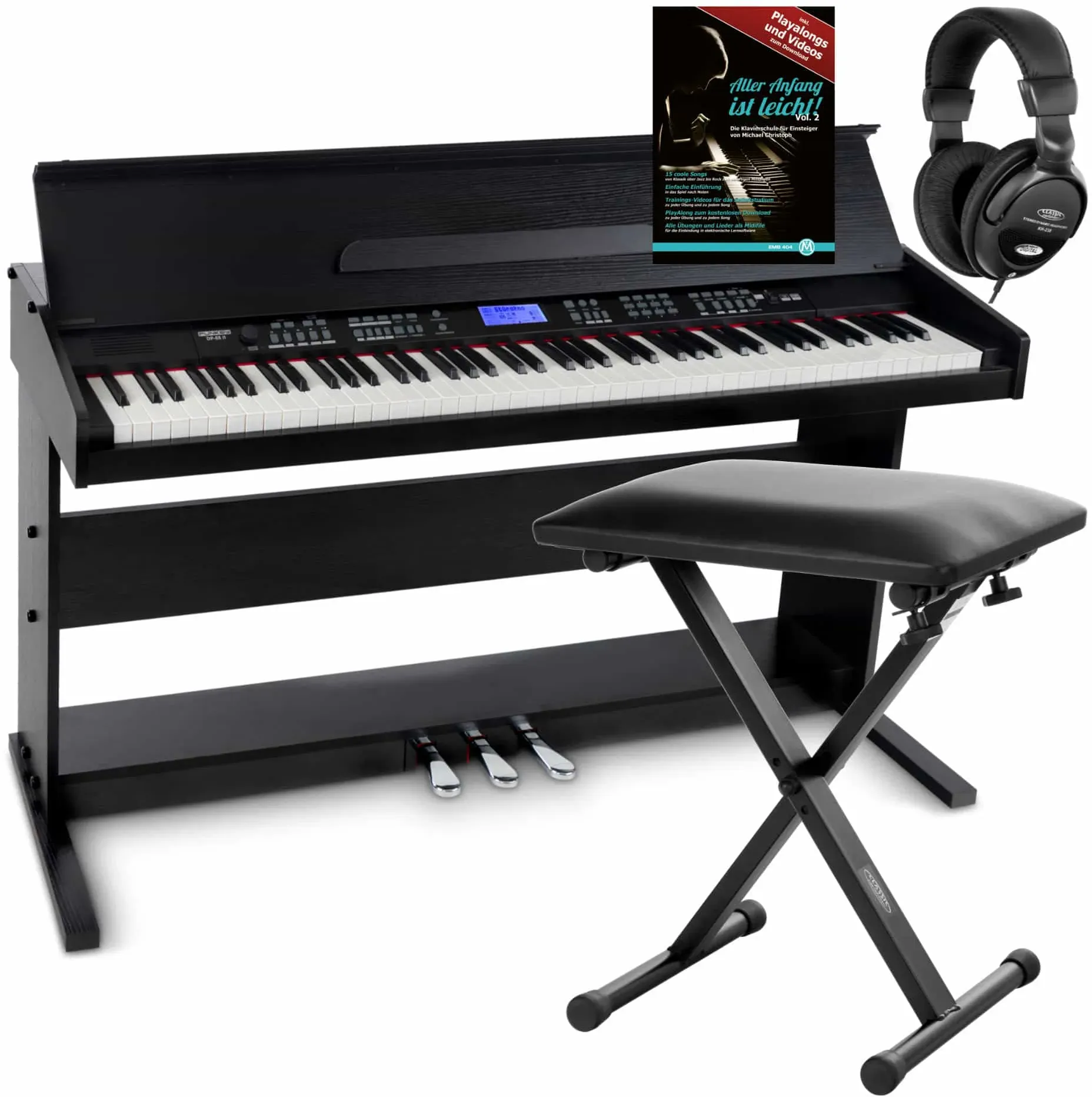 FunKey DP-88 II Digitalpiano schwarz Set mit Economy Keyboardbank, Kopfhörer und Klavierschule