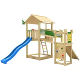 Jungle Gym Spielturm JUNGLE GYM "Fortress", blau, Spieltürme, KinderB:373cm H:318cm T:397cm, Holz, Spielanlage mit 2 Türmen, Brücke und Rutsche mit Wasseranschluss, B:373cm H:318cm T:397cm