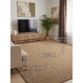 ELLE DECORATION Rocco - Weicher Flachgewebe Teppich, Maschinen Waschbar, Woll Optik, Langlebig & Nachhaltig, Modern, Skandi Look für Wohnzimmer, Esszimmer, Schlafzimmer, Flur - Karamell, 80x150cm