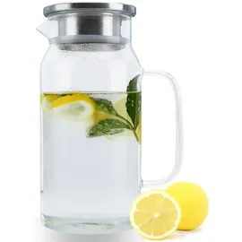 Intirilife Karaffe in KLAR – 1,2l Krug aus Borosilikatglas mit Henkel und Deckel hitzebeständig geeignet für heiße und kalte Getränke, Tee, Kaffee, Wasser,