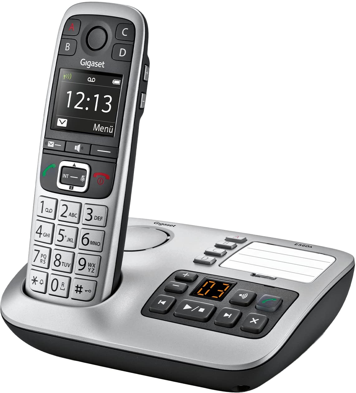 Gigaset E560A - Schnurloses Senioren DECT-Telefon - Mobilteil mit Anrufbeantworter - Farb-Display - Freisprechfunktion - Grosse Tasten - Telefon mit SOS Taste - Analog Telefon, platin