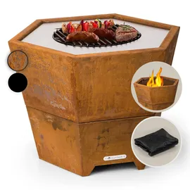 Blumfeldt Feuerschale mit Grillrost, Outdoor-Stahl-Feuerschale groß für Balkon & Camping, mobile 60 cm Sechseckige Feuerstelle mit Standfuß, Wetterfeste Feuerschale, Feuerstell - Blumfeldt