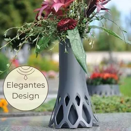 GarPet Grabvase mit Sockel Friedhofvase Grab Vase Friedhof Wetterfest Grabschmuck Vase für Grab Grabdekoration Grabvase Kunststoff Frostsicher Blumenvase... - Grau