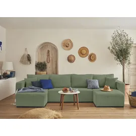 best mobilier Topaze - 7-Sitzer wohnlandschaft u-form - schlaffunktion und Bettkasten - Cord Salbeigrün