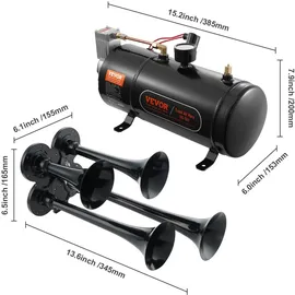 Vevor Zughupen-Set, 4 Trompeten-Lufthupen-Set, 150 dB Zughupen für Pickup-Trucks, 12 V 120 psi Luftkompressor, 3 L Tank mit Manometer für jedes 12 V Fahrzeug, Auto, LKW, Zug, Van, Boot usw. Schwarz