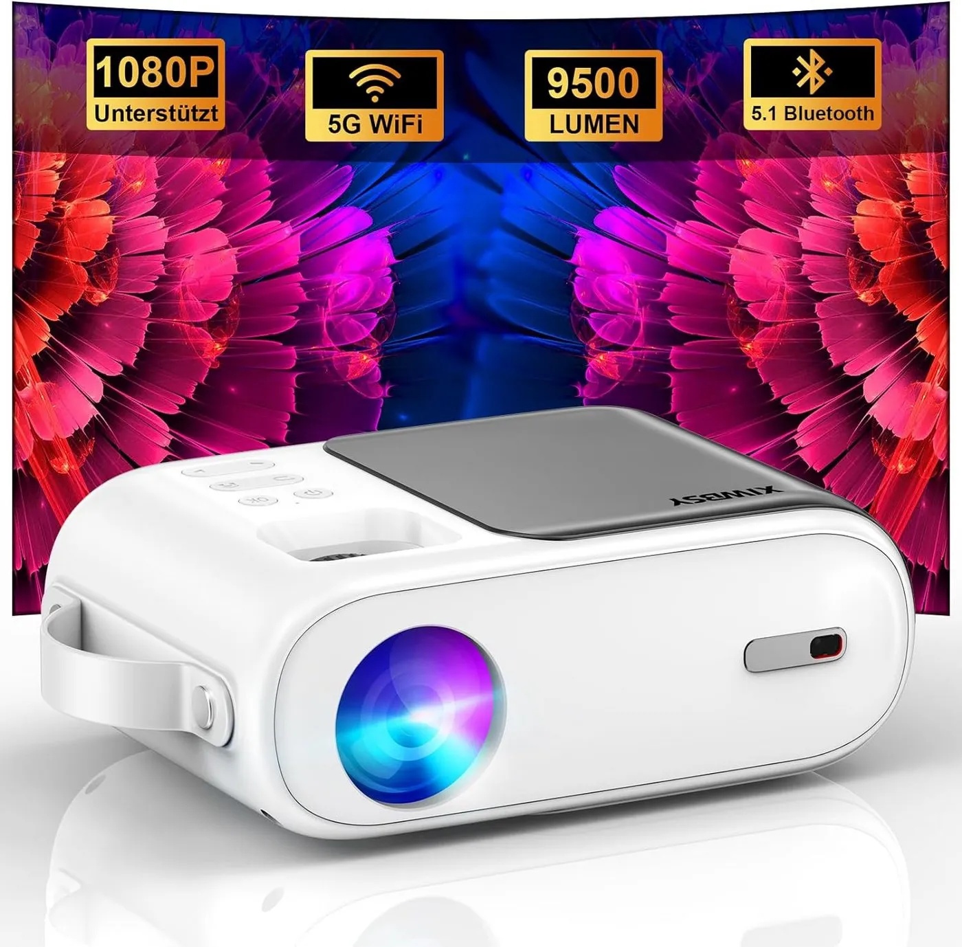 XIWBSY Mini 5G WiFi Bluetooth Full HD, 1080P unterstützt Portabler Projektor (9500 lm, 10000:1, 1280 x 720 px, Fur Heimkino Kompatibel mit TV Stick/X-Box/DVD/Laptop/Smartphone) weiß