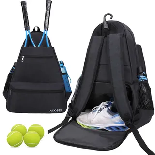 ACOSEN Tennistasche Tennisrucksack – Tennistaschen für Damen oder Herren für 2 Tennisschläger, Pickleball-Paddel, Kleidung und Bälle, Separates belüftetes Schuhfach (Schwarz – B)