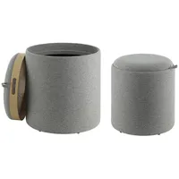 EGLO Living 2er Set Hocker mit Stauraum Mashike, Sitzhocker mit Ablage, runde Couch Beistellhocker, Pouf aus Textil in Grau und Holz-Funier in Eiche, Ø 39