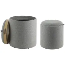 EGLO Living 2er Set Hocker mit Stauraum Mashike, Sitzhocker mit Ablage, runde Couch Beistellhocker, Pouf aus Textil in Grau und Holz-Funier in Eiche, Ø 39