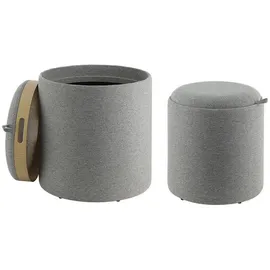 EGLO Living 2er Set Hocker mit Stauraum Mashike, Sitzhocker mit Ablage, runde Couch Beistellhocker, Pouf aus Textil in Grau und Holz-Funier in Eiche, Ø 39
