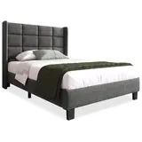 OKWISH Polsterbett 90×200 Grau Stoffbett mit hohem Kopfteil, Lattenrost, stabilem Rahmen und modernem Design, Doppelbett ohne Boxspring
