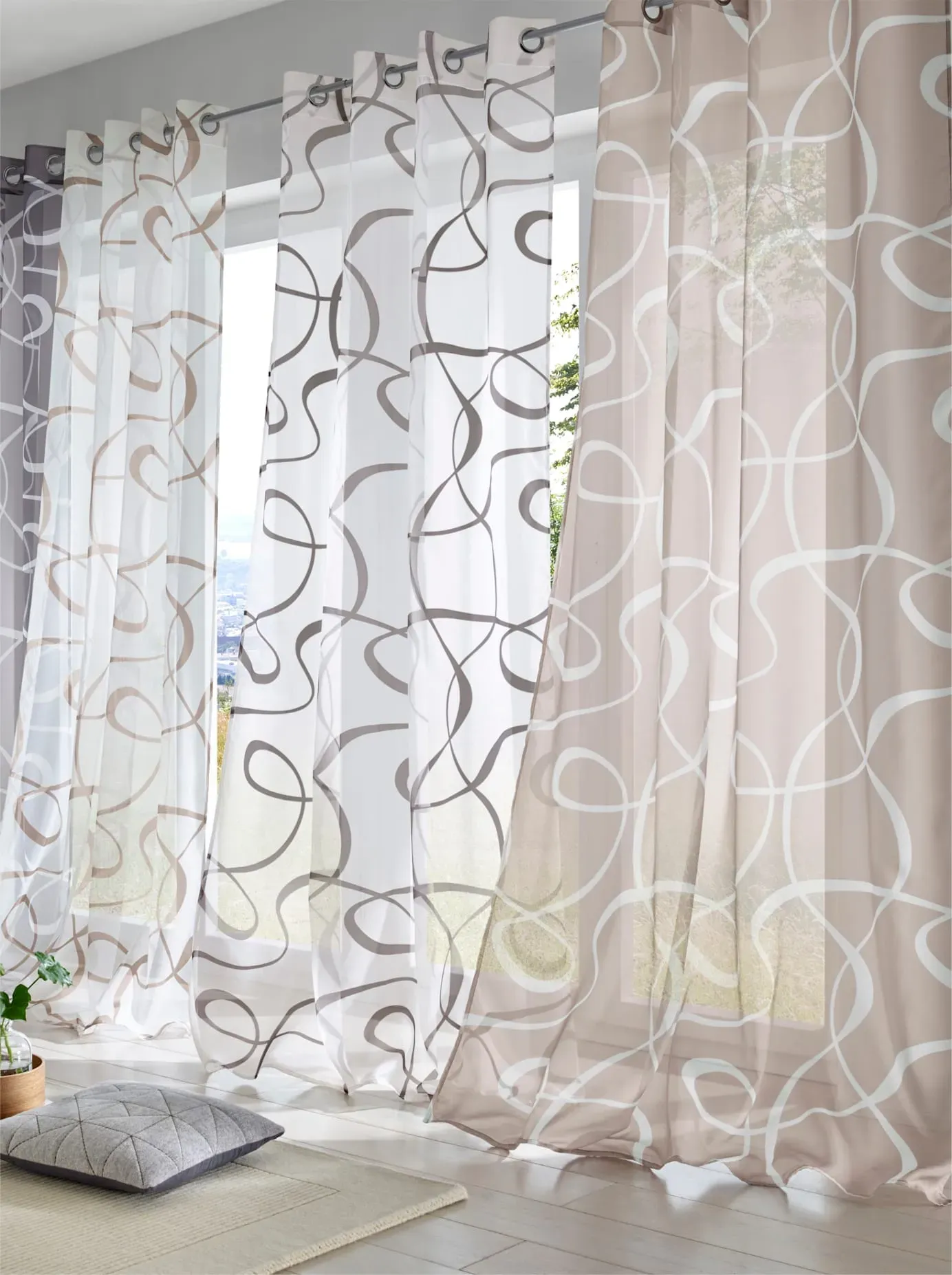 Gardine HEINE HOME Gr. 1, grau (weiß, grau), B:140cm H:145cm, Polyester, Gardinen, Gardine