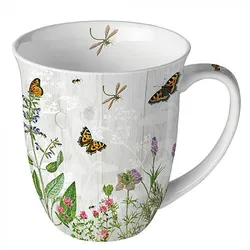 Tasse 10cm Porzellan mit Blumen Gräser Insekten Motiv - 0,4L Keramiktasse Porzellangeschirr Kaffeetasse Teetasse Kakaotasse Frühling Sommer Grau Grün