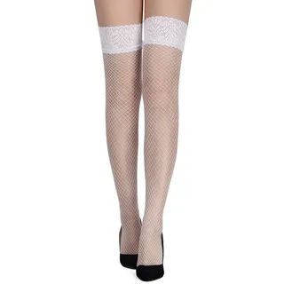 Lau-Fashion Strapsstrümpfe Damen Netz Halterlos Overknees Nylon Gogo Girl Schwarz M-XL weiß