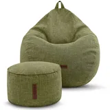 Green Bean Indoor Sitzsack Home Linen + Hocker mit EPS-Perlen Füllung - Sitz-Pouf Bodenkissen Liegekissen Sitzkissen Lounge Chair Sitzhocker Relax-Sessel Bean Bag Grün