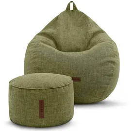 Green Bean Indoor Sitzsack Home Linen + Hocker mit EPS-Perlen Füllung - Sitz-Pouf Bodenkissen Liegekissen Sitzkissen Lounge Chair Sitzhocker Relax-Sessel Bean Bag Grün
