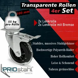 PRIOstahl Transportrollen 100mm Möbelrollen 2 Lenkrollen + 2 Lenkrollen mit Bremse Transparent