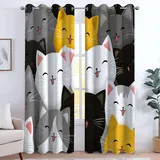 Vorhang Set Blickdicht mit Ösen 2er-Pack, Modern Cartoonhaft Niedlich Mit Katzenmotiv Kinder Gardinen Thermo Polyester für Schlafzimmer Kinderzimmer, Vorhänge Fensterdekoration Mehrfarbig 100 x 178 cm