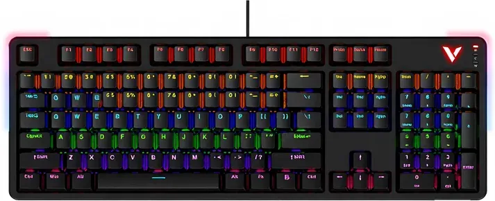 Rapoo V500PRO Gaming-Tastatur, mechanisch, kabelgebunden, in voller Größe, US-QWERTY-Layout, Anti-Ghosting mit 104 Tasten, RGB-Hintergrundbeleuchtung in Regenbogenfarben, Multimedia-Hotkeys, abnehmbares Oberteil, USB-C, robuste Bauweise, rote Switches – Schwarz