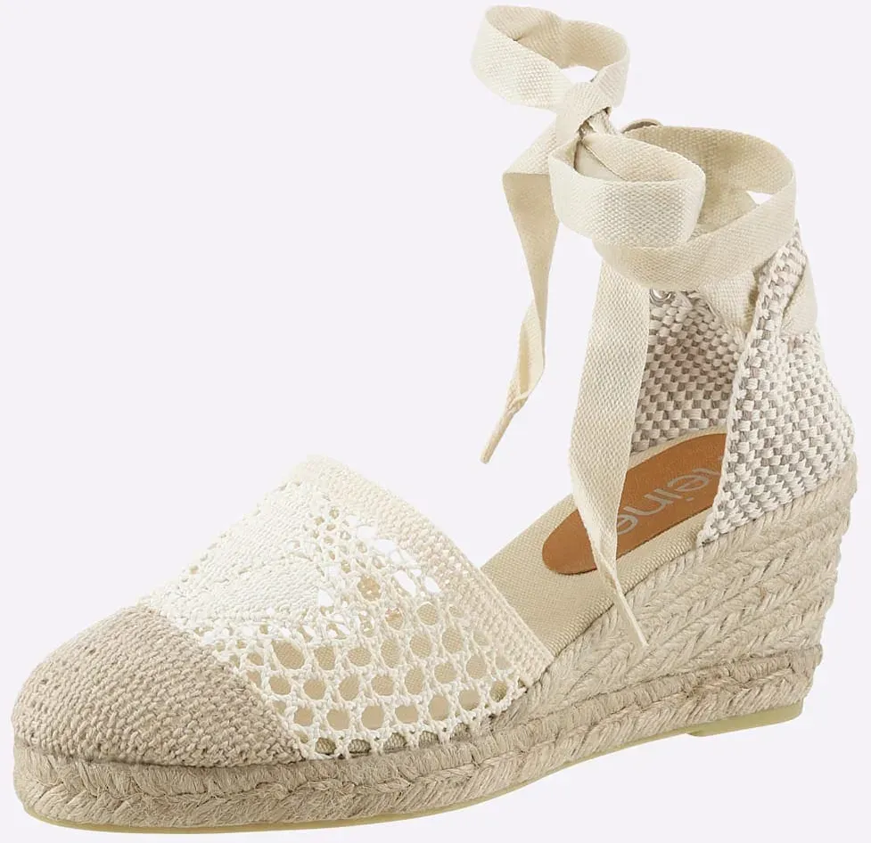 Keilsandalette HEINE, Damen, Gr. 35, beige (ecru), Textil, Schuhe