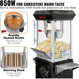Vevor Popcornmaschine Popcornautomat mit Wagen 850 W Popcorngerät, 8 oz Kessel für 48 Tassen pro Ladung, Popcornmaschine mit gehärtetem Glas inkl. 4 Schaufeln Kino-Stil Restaurant Schwarz