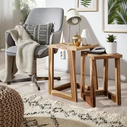 Kadima Design Massivholz Sheesham 2er Set Beistelltische - Handgearbeitet, Einfache Pflege. 36x36x50 cm