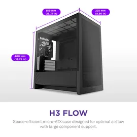 NZXT H3 Flow (2025) All Black Midi Tower mATX Gaming Gehäuse schwarz mit Glasfenster