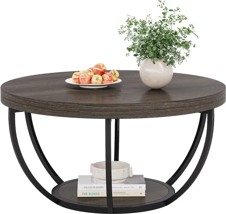 Tribesigns Round Coffee Table, 80cm Wooden 2-Tier Circle Coffee Table with Storage Shelves, Modern Accent Cocktail Table Center Table for Living Room, Grey