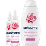 Schauma Sprühpflege Seiden-Kamm (2x200 ml) Hitzeschutz für seidig-glänzendes Haar & Entwirrendes Shampoo Seiden-Kamm (400 ml) Glanz für stumpfes Haar, mit Rosen-Öl