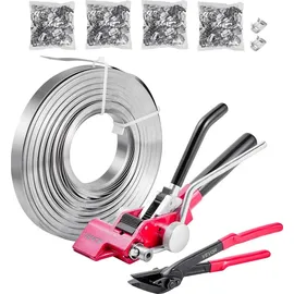 Vevor 4 tlg Stahlband Umreifungsset, manuelle Umreifungsgerät mit 122 m Metallband, 400 Metallklammern und Schneider, pefekte Werkstattausstattung für industrielle Verpackung, Transport und Lager