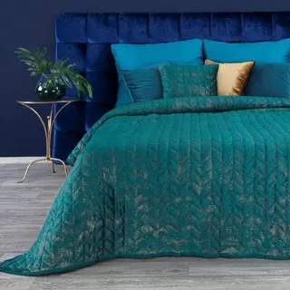 Eurofirany Prachtvolle Tagesdecken Gesteppter Bettüberwurf Steppung Ganzjährige Decke Elegante Steppdecke Quilt (Agatha Türkis + Gold, 220 x 240 cm)