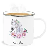 Emaille Becher Blechbecher - Pferde - Pferdekopf Motiv mit Name personalisiert I Pferdemotiv I Pferd Name - 300 ml - Weiß Silber - tasse pferden pferdemädchen tassen