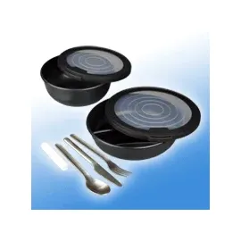 Camping Ess-Set 2 Plastikschüsseln mit Deckel/Metall-Bestecksatz