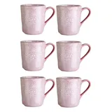 Home4You Kaffeetassen 6er Set, 355 ml - Rosa - Steingut - glasiert - mit floraler Prägung - 6er Set