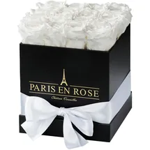 PARIS EN ROSE Rosenbox eckig Schwarz mit Schleife und 12 Weißen Rosen