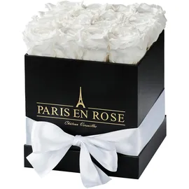 PARIS EN ROSE Rosenbox eckig Schwarz mit Schleife und 12 Weißen Rosen
